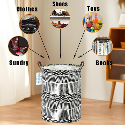 LANGYASHAN Laundry Basket - Canvas Fabric Collapsible Organizer Basket for Storage Bin, Toy Bins, Black Line