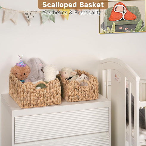 Set 2 iEGrow Scalloped Wicker Basket, of Woven Rattan Natural Water Hyacinth Baskets with Built-in Handles, Rectangle