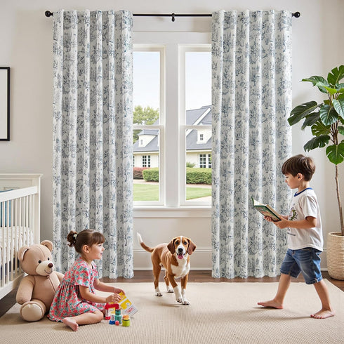 jinchan 95% 84 Inches 2 Blackout Nursery Curtains Long, Bunny Woodland Toile Easter Decor Curtains Blue on Beige Animal