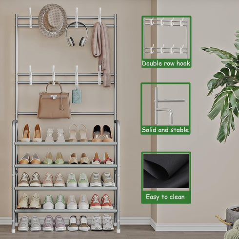 8 Closet 4 Coat Rack Shoe Rack With Storage Shelf Freestanding with Hooks for Entryway Bedroom Tier, Grey
