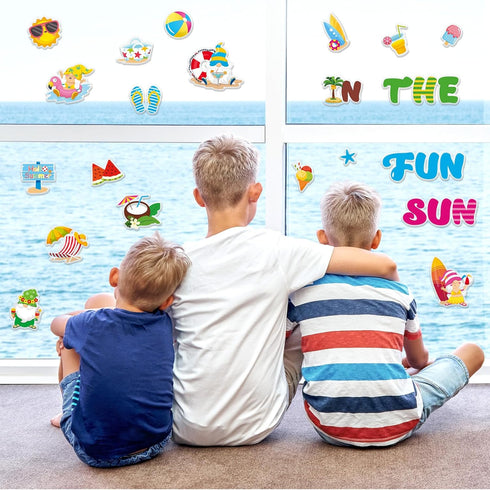 Summer Thick Gel Clings Hawaiian Beach Tropic Stickers for Home Classroom Nursery, Fun in The Sun Window Gel Decals,