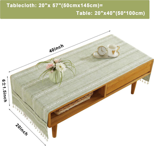Ajerg 20x57inch Coffee Table Cloth, Sage Green Coffee Table for Living Room Tablecloth Cover with Pockets & Tassel