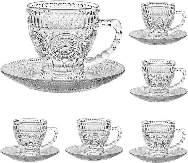 cosnou Vintage Glass Tea Cups with Saucers, Glass Mugs 7 Oz Set