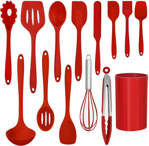 LIANYU 14 Pcs Cooking Utensils Set with Holder, Heat Resistant Silicone Kitchen Tools, Dishwasher Safe (Red)