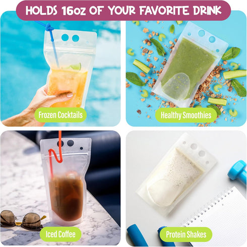 FROZIP 100pcs 16oz x100 Drink Pouches for Adults - Drink Pouches with Straws & Funnel - Resealable Smoothie Pouches