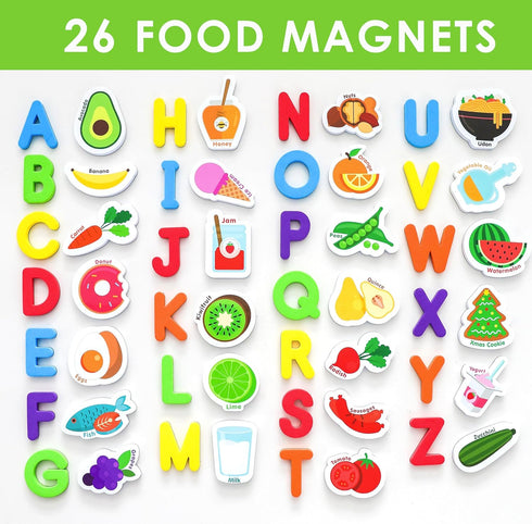 Curious Columbus Toddler Magnets Set of 52, Includes 26 Large Foam Food Pieces and 26 ABC Alphabet Letters