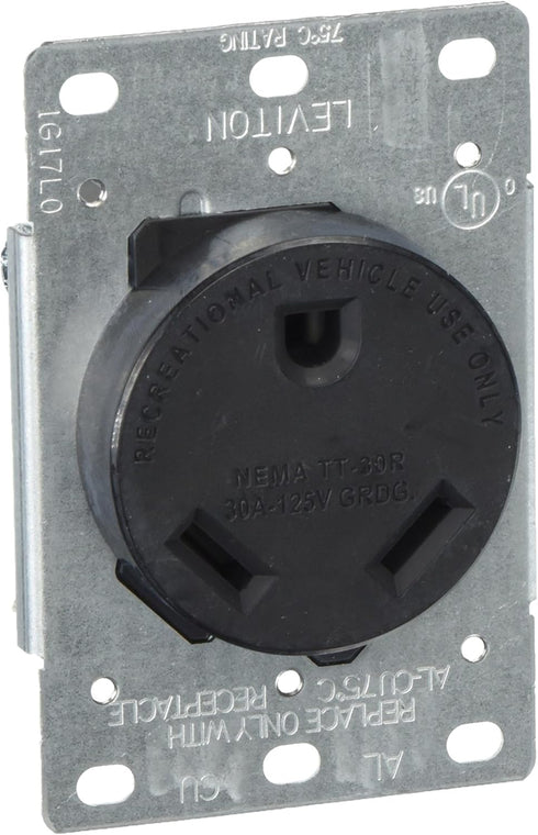 Leviton 7313-S00 30 Amp, 125 Volt, NEMA TT-30R, 2P, 3W, Flush MTG Receptacle, Industrial Grade, Black