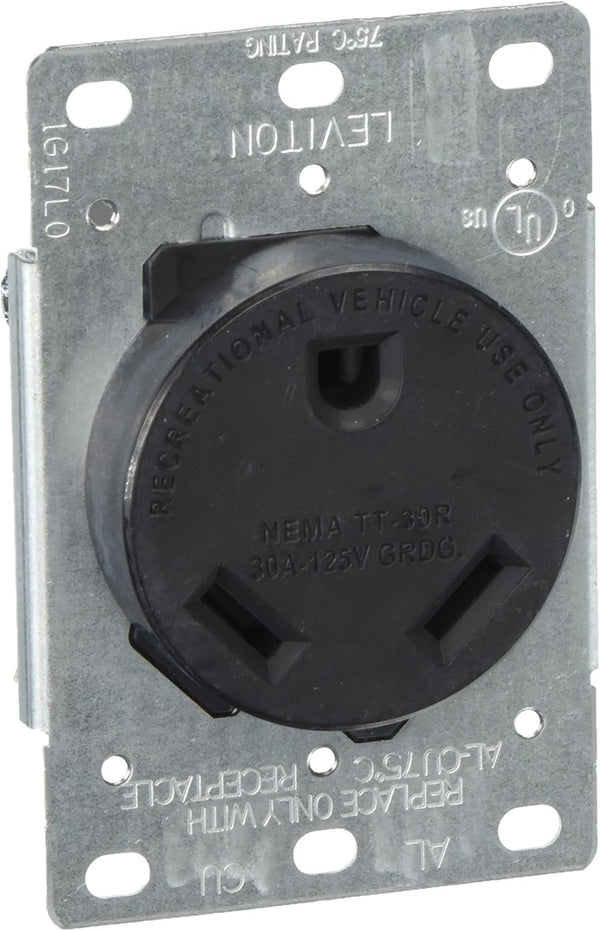 Leviton 7313-S00 30 Amp, 125 Volt, NEMA TT-30R, 2P, 3W, Flush MTG Receptacle, Industrial Grade, Black