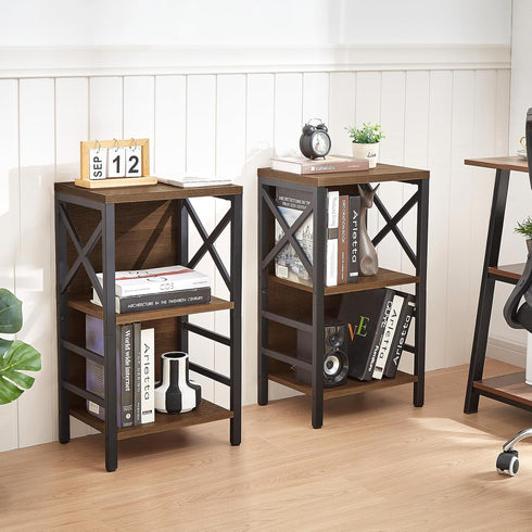 Small Bookcase, 3 Tier Industrial Short Bookshelf with Metal Frame, Rustic Brown Low Bookshelf for Small Spaces