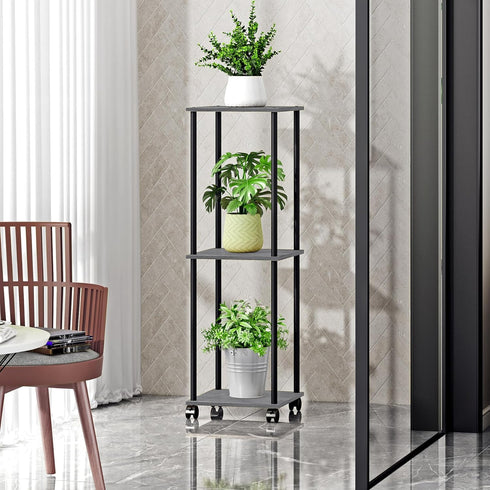 3 HAYOFAMY Tier Tall Plant Stand Indoor with Wheels, Movable Plant Shelf Metal Wood Multiple, Flower Pot Holder