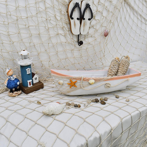 17''L, Beach Theme Display Tray with Star Fish, Sea Shell and Fish Net, White Wooden Nautical Boat Decor, Miniature
