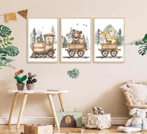 SZHUAAIC 3Pcs Woodland Animal Nursery Canvas Wall art Forest Wildlife Train Adventure Drawing Picture Wall Decor Fox