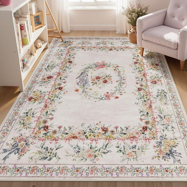 Joydeco Floral Bow Pink Rug for Bedroom, Washable 5x7 Area Rug for