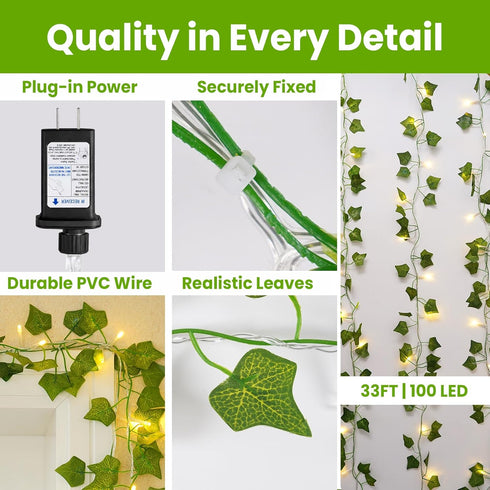 33FT 100 KASZOO LED Ivy Vine Lights - PVC Plug in Leaf String Lights with Remote & Timer, Pre-Wrapped Garland