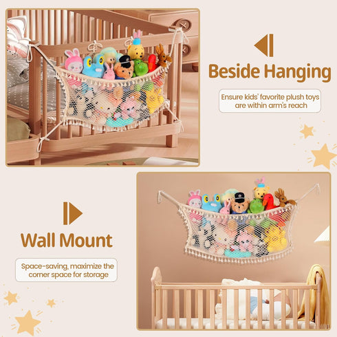 2 Pack Hammock Stuffed Animal Storage Net, Large Bedside Toy Organizer Net, Cotton Plushie Toy Storage with Tether