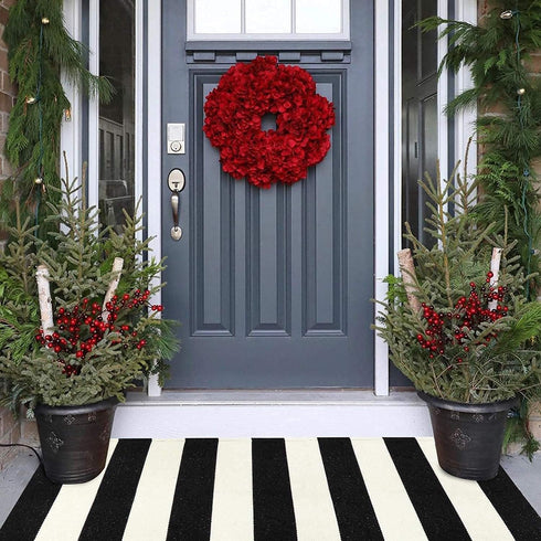 LEEVAN Black and White Striped Door Mat, 2'x4', Washable Reversible Cotton Woven Rug for Indoor/Outdoor