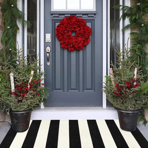 LEEVAN Black and White Striped Door Mat, 2'x4', Washable Reversible Cotton Woven Rug for Indoor/Outdoor
