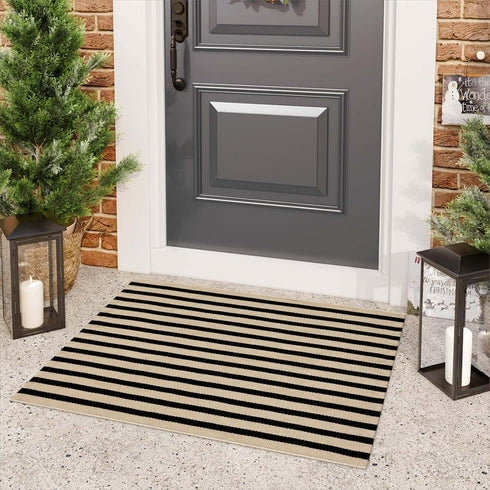 Black and Tan Outdoor Rug 24"x35", Washable Reversible Striped Door Mat, Hand-Woven Farmhouse Throw Rug