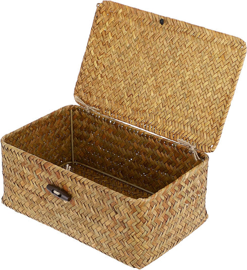 Hipiwe Wicker Shelf Baskets Bin with Lid, Handwoven Seagrass Storage Bins for Shelf, Wardrobe, Home Organizer, Small