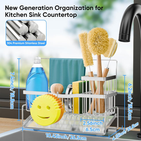 304 Countertop, Sponge Holder for Kitchen Sink Stainless Steel Self-Draining Sink Caddy with Smiley Face Sponge