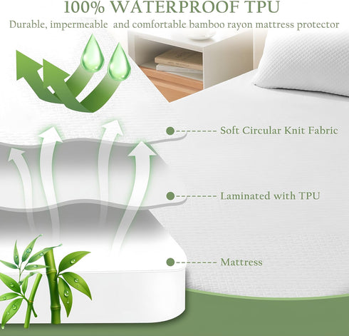 3D 8''-21'' Waterproof Mattress Protector California King Size, Premium Bamboo Viscose Noiseless Air Fabric Natural