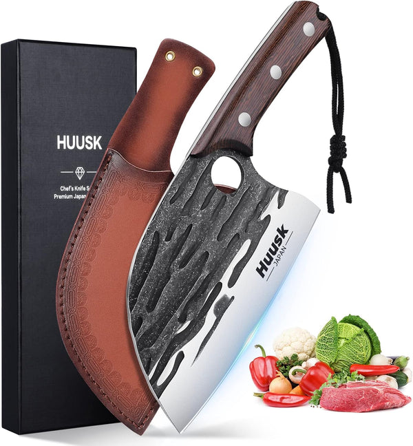 Huusk Japan Knives - Upgraded Serbian Chef Knife, Japanese Meat Cleaver for Home and Outdoor Cooking, Full Tang with