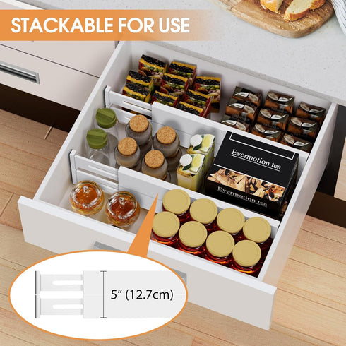 Bamboo Drawer Dividers Organizers, 4-Pack - Adjustable Drawer Divider for Kitchen, Clothes, Bathroom, Office, White