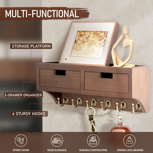 Rebee Vision Key and Mail Holder Wall Mount with 2 Drawer Organizer, Rustic Key Holder with 6 Hooks and Shelf