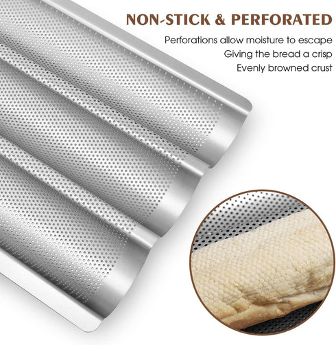 Nonstick Baguette Pan, 3 Slots Perforated French Bread Baking Mold, Silver