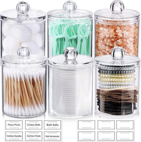 6 Pack Qtip Holder Dispenser for Cotton Balls, Swabs, Pads - Clear Plastic Apothecary Jar Set