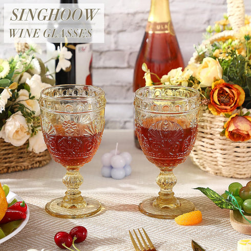 Singhoow 6 10 oz Pcs Goblet Glasses Wine Glasses, Drinking Glasses Colored Retro Embossed Water Goblets For Wine Juice
