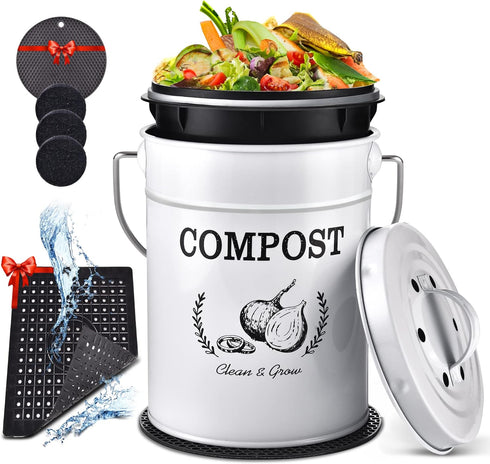 AOSION 1.0 Gallon Kitchen Compost Bin Counter, Indoor Composter Container with Lid and Charcoal Filters, White