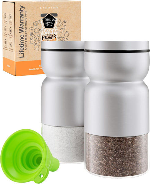 HOME EC Original Glass Salt and Pepper Shakers Set with Adjustable Pour Holes, Stainless Steel