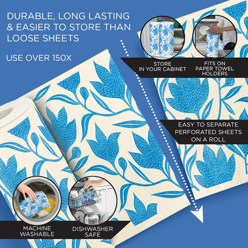 30 11" 10" LOLA Swedish Dishcloths XL on a Roll, Sheets, Floral Pattern, Perforated Tear-Off x Sheets w/Hook, Reusable