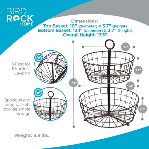 BIRDROCK HOME 2 Tier Wire Fruit Basket | Round Metal Standing Baskets | Freestanding Rustic Decorative Caddy