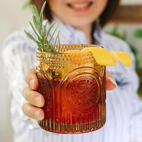 Set 6 10 oz Set, Vintage Amber Drinking Glasses of by Kate Aspen - Ribbed Glassware for Drinking Water, Juice, Cocktail