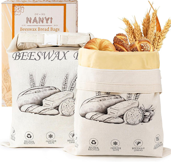 2-Pack Reusable Beeswax Bread Bags for Sourdough & Homemade BreadCotton Waxed Bags