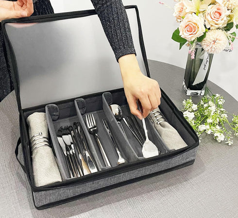 Silverware Organizer Chest,Silverware Storage Box,Stackable Flatware Storage Case,Spoon Organizer,Tableware Storage Box With 4 Dividers for Moving Transport,Kitchen Utensil cutlery Organizer by ouruer