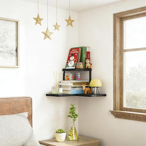 2-Tier SRIWATANA Rustic Corner Shelf Wall Mounted, Floating Wall Shelves for Bedroom, Living Room, Bathroom, Black