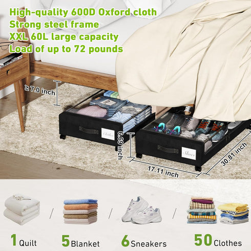 Tututry 60L (2-Pack Under Bed Storage with Wheels, XXL Under the Bed Storage Bins, Underbed Storage Containers