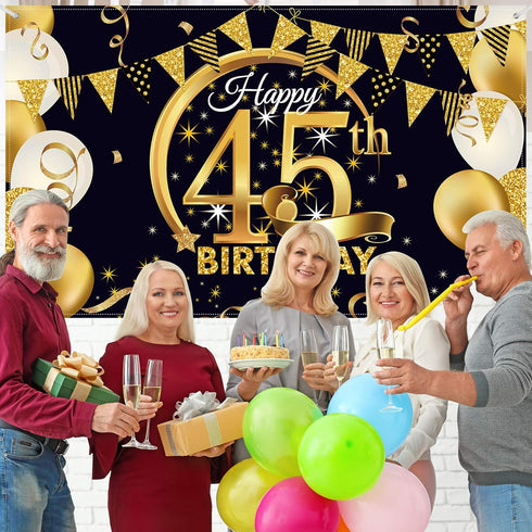 Extra Large Black Gold Birthday Party Decoration Sign Poster, 72.8 x 43.3 Inch, Anniversary Photo Booth Background