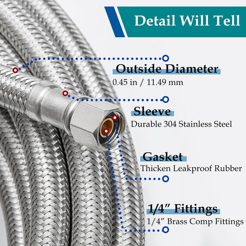 Refrigerator Water Line for Ice Maker - Braided 12' Pex Water Supply Hose with 1/4 Comp Fitting