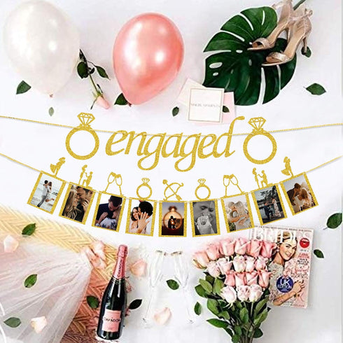 Engagement Wedding Decorations, Gold Engaged Banner and Photo Banner with Romantic Memories Picture Card Frames