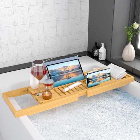 Sen Yi Bao Bamboo Luxury Bathtub Caddy Tray - Expandable Wood Bath Tray with Integrated Tablet, Smartphone, Wine Holder