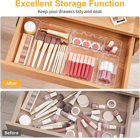 SMARTAKE 22-Piece Drawer Organizer with Non-Slip Silicone Pads, Clear Storage Trays for Makeup, Jewelry, Utensils