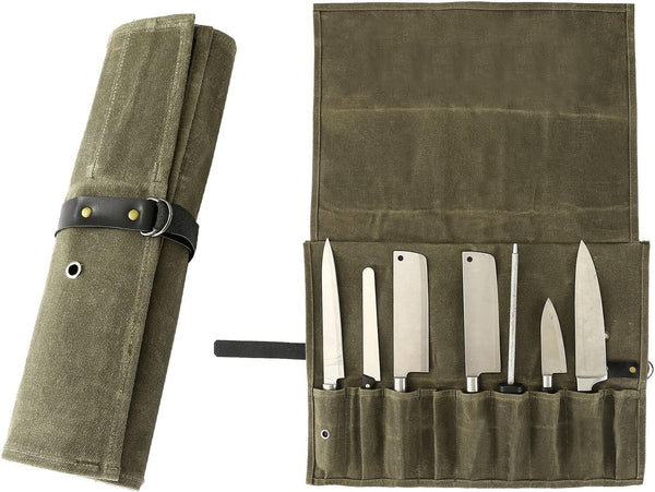 9 Pockets Canvas Chef Knife Roll Bag, Knife Wrap Wallet, Cutlery Knife Pouch Holders for Kitchen Utensils (Army Green)