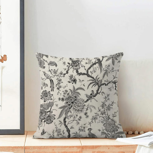 Spring Floral Birds Pillow Covers Set of 2, 18 x 18 Inch Black and White Chinoiserie Flowers Outdoor Decorative Cushion