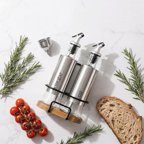 2 Pack Set 10OZ Tebery Olive Oil and Vinegar Bottle with Rack and Wooden Base, Olive Dispenser Glass Cooking Oil Cruet