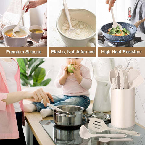 LIANYU 14 Pcs Kitchen Utensils Set with Holder, Heat Resistant Silicone Cooking Tools, Khaki