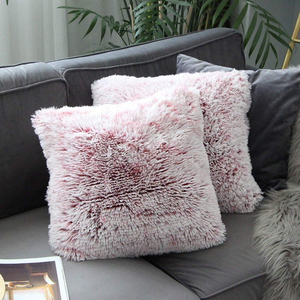 Uhomy 2 Packs Fluffy Accent Pillow Covers, 20"x20", Soft Burgundy Ombre Faux Fur Decorative Cushion Covers